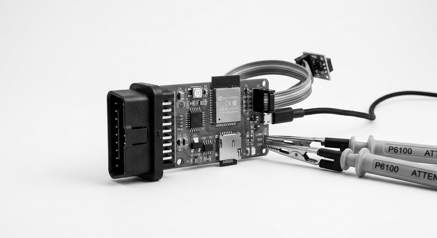 Prototype OBD-II telematics reader board with probes attached